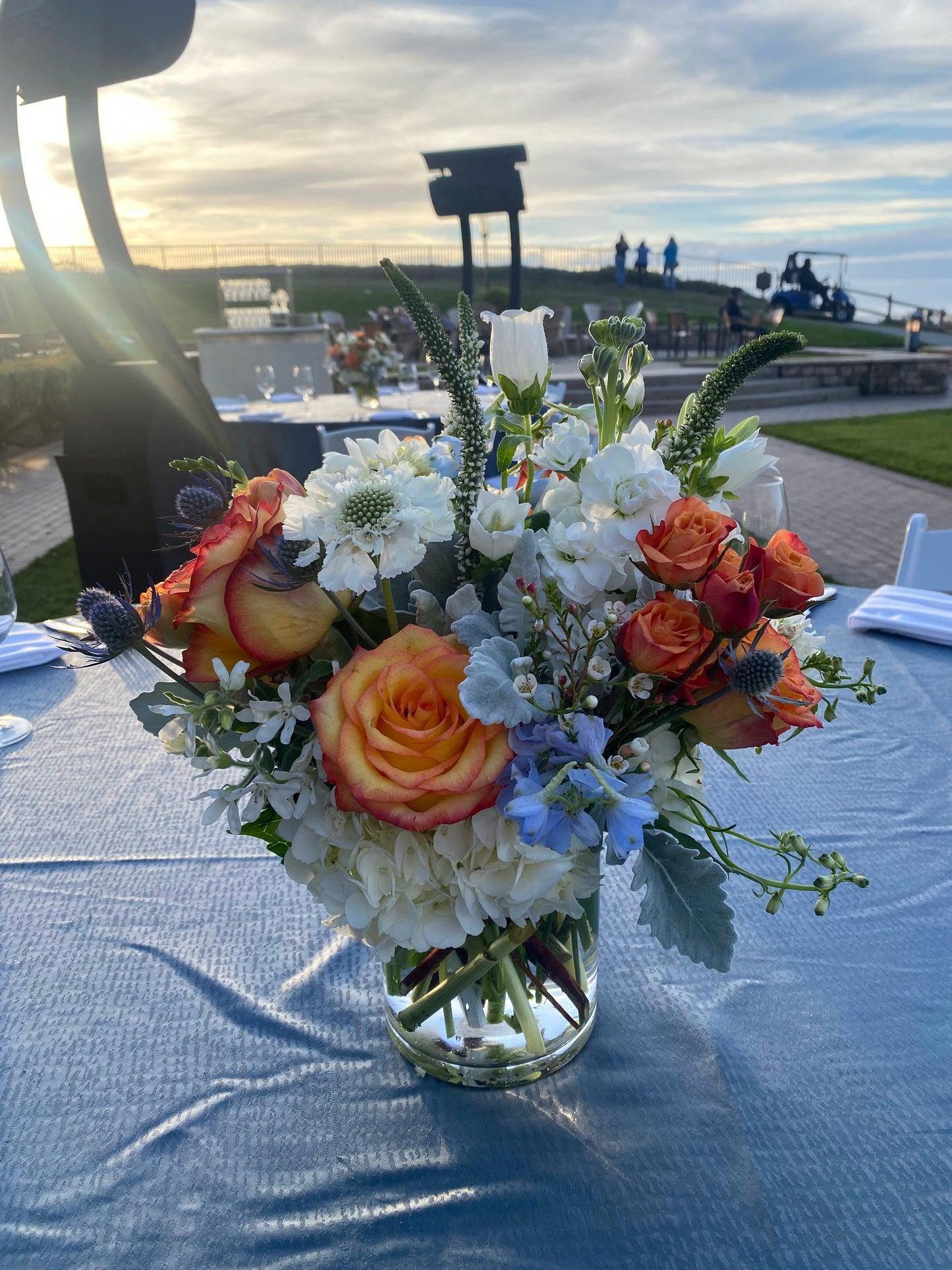Orange,white  and blue centerpiece